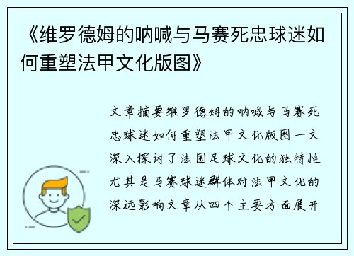 《维罗德姆的呐喊与马赛死忠球迷如何重塑法甲文化版图》