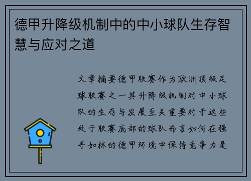 德甲升降级机制中的中小球队生存智慧与应对之道