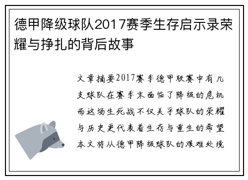 德甲降级球队2017赛季生存启示录荣耀与挣扎的背后故事
