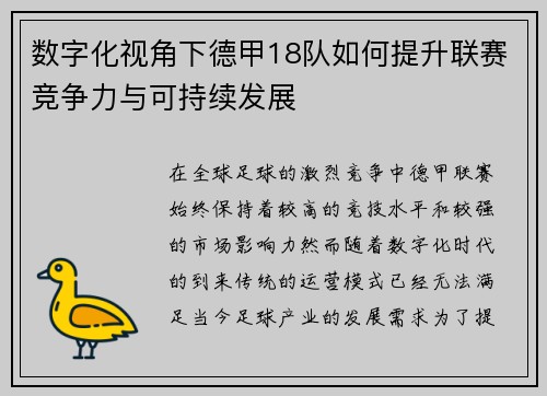 数字化视角下德甲18队如何提升联赛竞争力与可持续发展